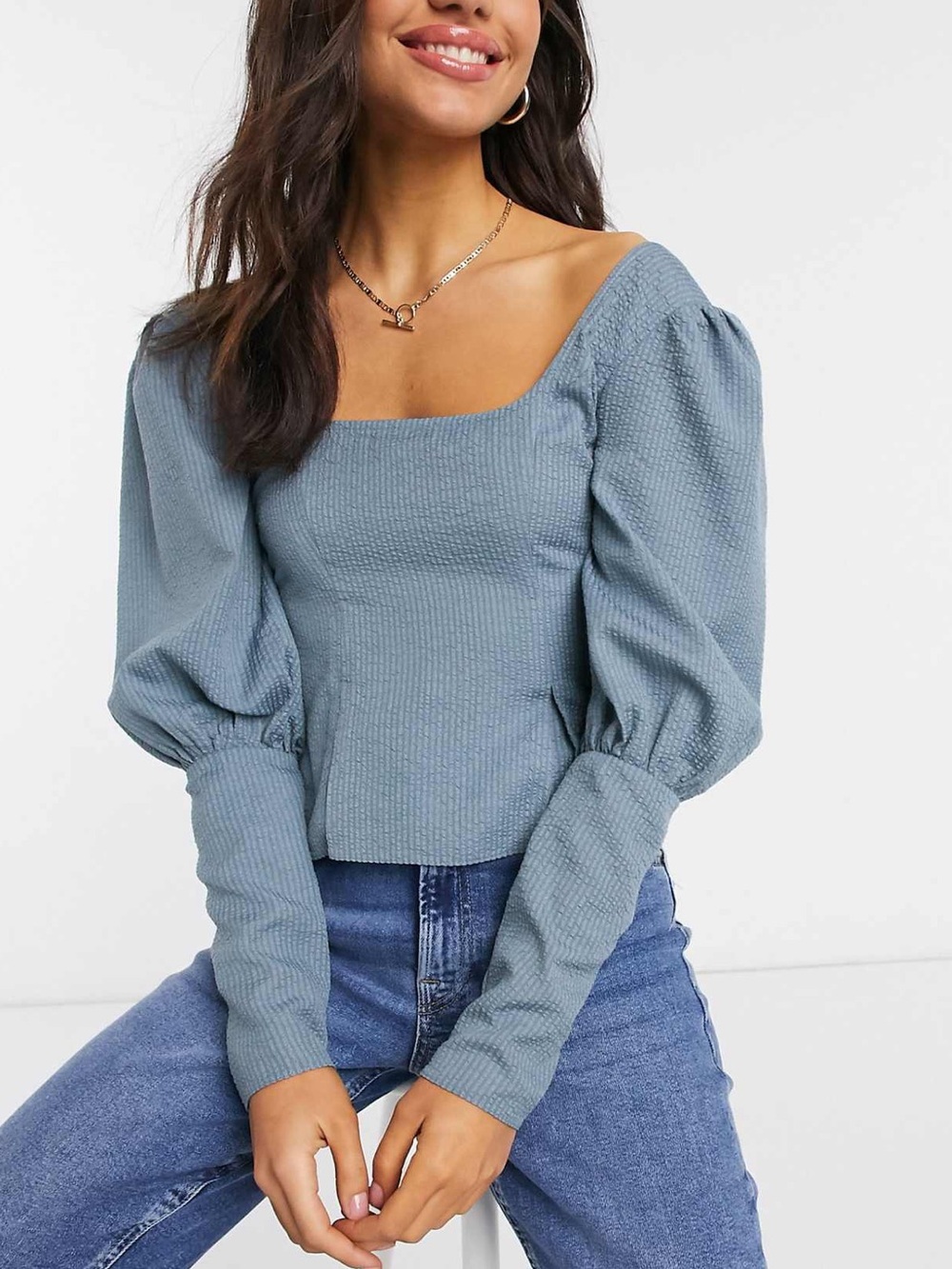 Square Neck Puff Sleeve Top in Dusty Blue